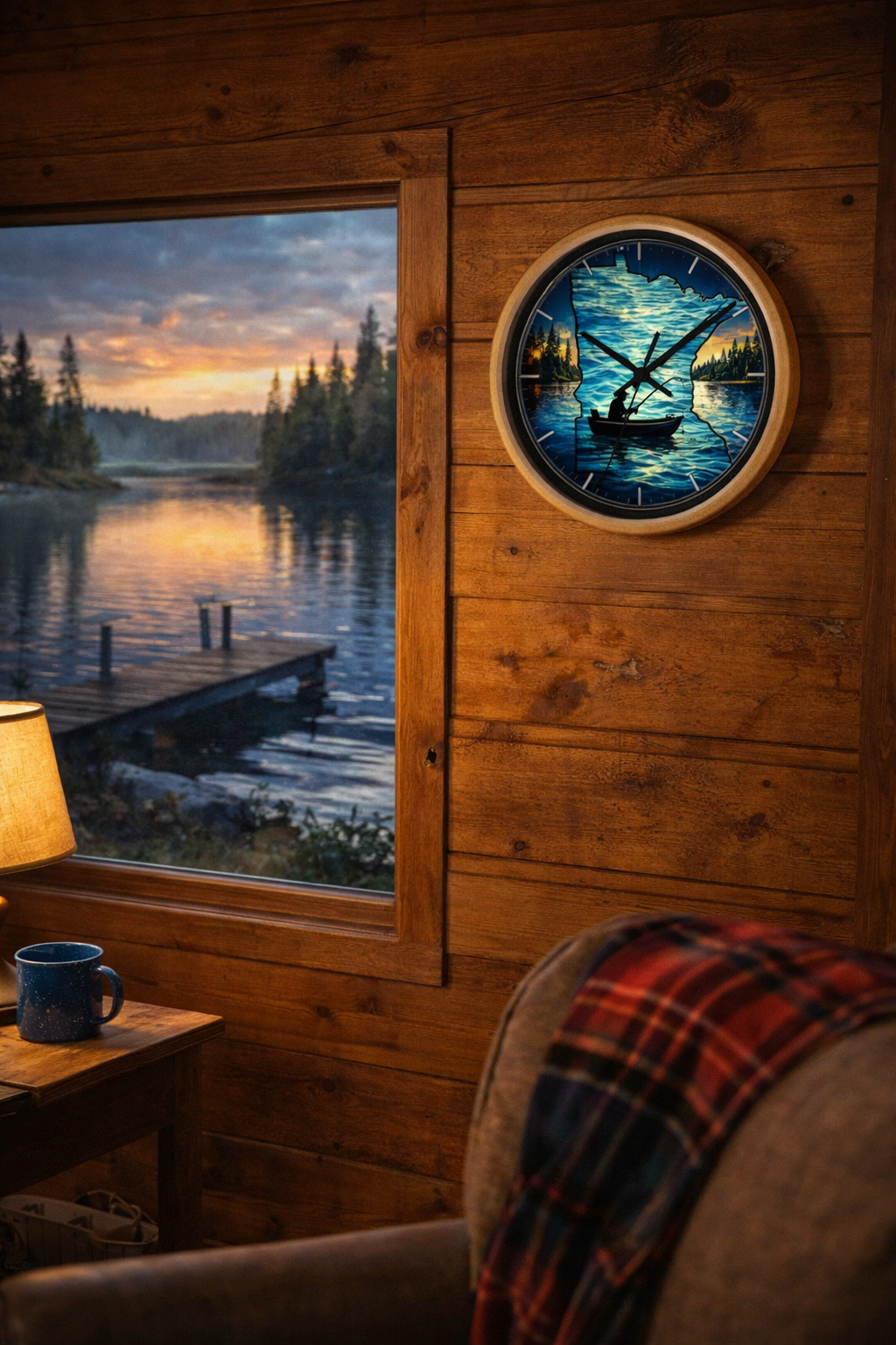 Minnesota Lake Fishing Wall Clock — Silhouette Canoe Sunset Decor