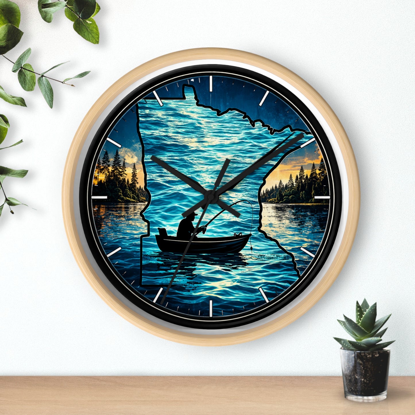 Minnesota Lake Fishing Wall Clock — Silhouette Canoe Sunset Decor